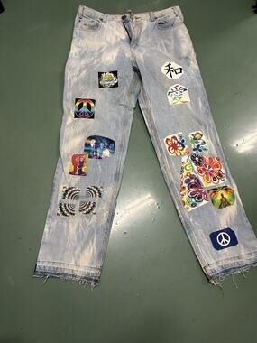 custom-patched and bleached straight-leg denim jeans Size 38x34